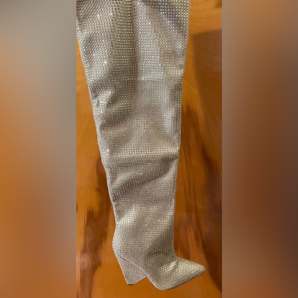 Rhinestone Crystal Silver Thigh High Boots